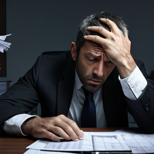**A stressed office worker overwhelmed by deadlines and paperwork, with a dark, gloomy atmosphere. The scene should depict the negative impact of work stress on mental health.**
