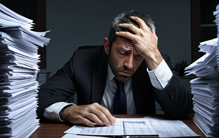 **A stressed office worker overwhelmed by deadlines and paperwork, with a dark, gloomy atmosphere. The scene should depict the negative impact of work stress on mental health.**
