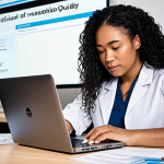 **A mental health professional confidently updating their LinkedIn profile on a laptop, surrounded by certificates and online course materials. Focus on a modern, bright workspace with a motivational quote visible in the background.** (Focuses on professional development)
