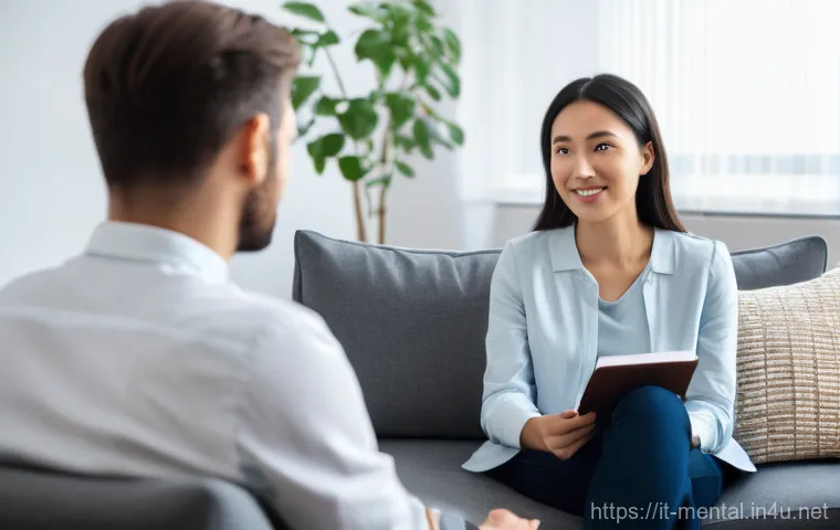 정신건강 전문가의 실무와 이론적 접근 - A warm, inviting scene of a person (adult, any gender) engaged in a one-on-one therapy session. The ...