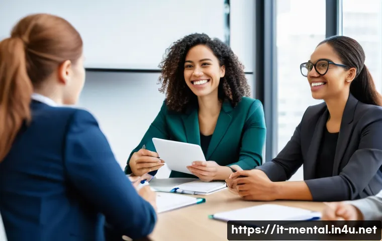 정신건강 분야 이직 성공 사례 - **Prompt:** "A diverse group of mental health professionals, including a psychologist, a life coach,...
