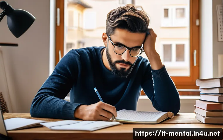 정신건강 상담사 자격증 시험 준비 - A focused Italian adult student studying for a mental health counseling exam at a tidy wooden desk i...