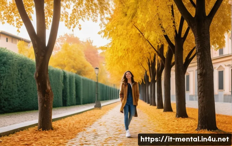 정신건강 분야 이론 - A serene urban park scene in Italy during early autumn, featuring a young Italian woman in casual cl...