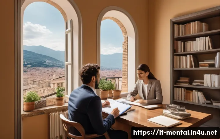 정신건강 분야 이론과 실무의 연계성 - A warm, professional therapy session in a modern Italian psychologist&rsquo;s office, showing a diverse ad...