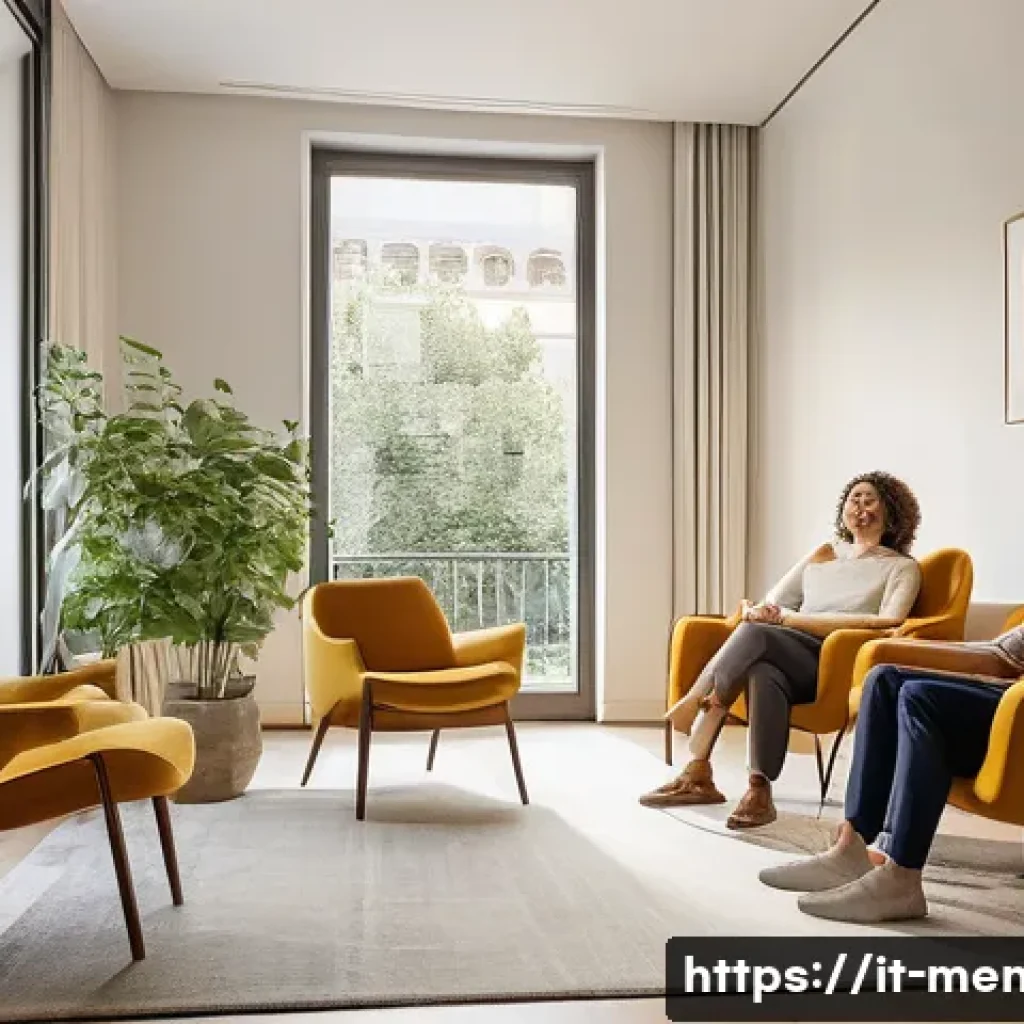 정신건강 전문가 업무 수행법 - A warm and inviting therapy room set in a modern Milan apartment, featuring soft natural light filte...