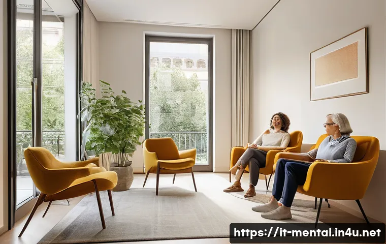 정신건강 전문가 업무 수행법 - A warm and inviting therapy room set in a modern Milan apartment, featuring soft natural light filte...