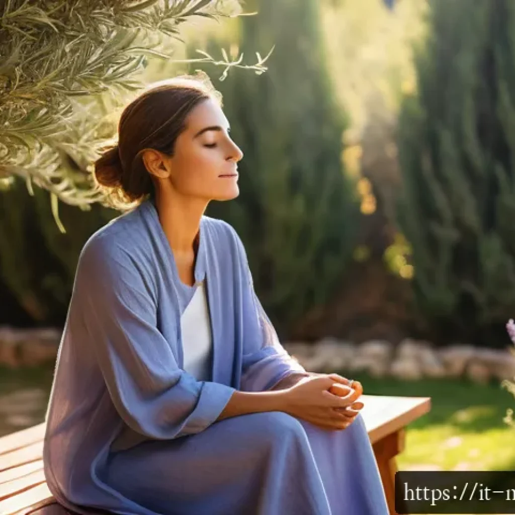 정신건강 전문가 업무 노하우 - A serene Italian woman practicing mindfulness in a sunlit Mediterranean garden, sitting comfortably ...