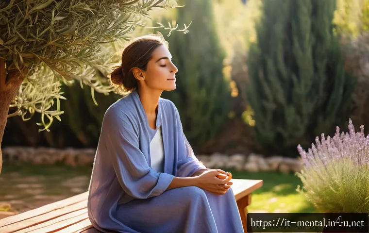 정신건강 전문가 업무 노하우 - A serene Italian woman practicing mindfulness in a sunlit Mediterranean garden, sitting comfortably ...