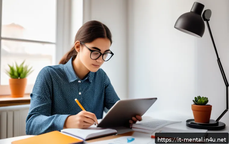 정신건강 자격증 시험 준비의 핵심 포인트 - A focused Italian adult student studying at a cozy home desk with natural daylight coming through a ...