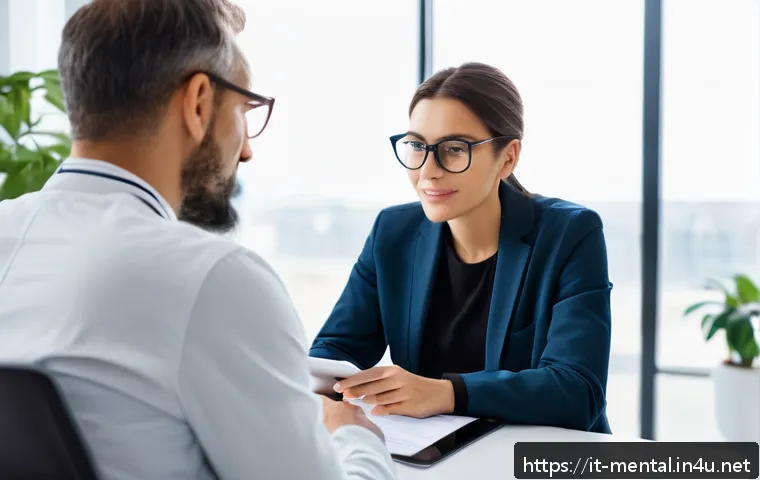 정신건강 상담사의 직무 평가 - A modern mental health professional engaged in a clinical evidence-based evaluation session, sitting...