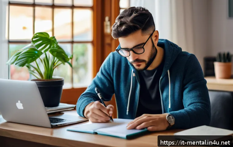 정신건강 자격증 취득을 위한 준비 사항 - A focused Italian adult student studying for a mental health certification exam in a cozy, modern ho...