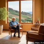 정신건강 상담사의 임상 경험 - A warm and inviting therapy room in a modern Italian setting, featuring soft natural light filtering...