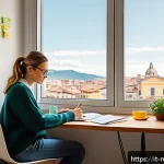 정신건강 전문가 자격증 시험 팁 - A cozy study room in a modern Italian apartment, featuring a wooden desk with neatly organized study...