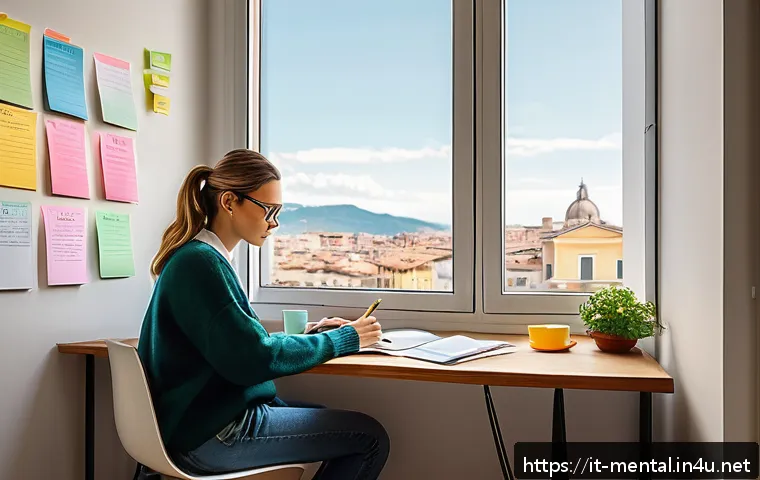 정신건강 전문가 자격증 시험 팁 - A cozy study room in a modern Italian apartment, featuring a wooden desk with neatly organized study...
