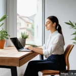 정신건강 이론 교육과정 - A serene home office scene showing a young Italian professional woman practicing deep breathing and ...