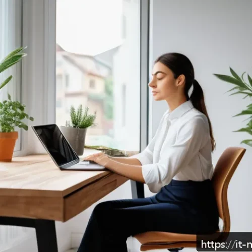 정신건강 이론 교육과정 - A serene home office scene showing a young Italian professional woman practicing deep breathing and ...