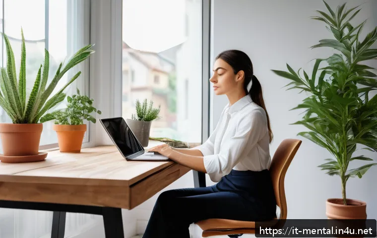 정신건강 이론 교육과정 - A serene home office scene showing a young Italian professional woman practicing deep breathing and ...